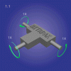 MITRPAK three-way right angle gearbox with 1:1 ratio and C2 rotation on a blue background.