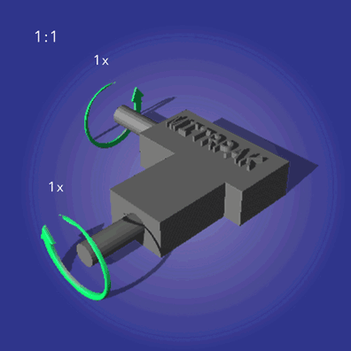 MITRPAK two-way right angle gearbox with 1:1 ratio and C2 rotation on blue background.