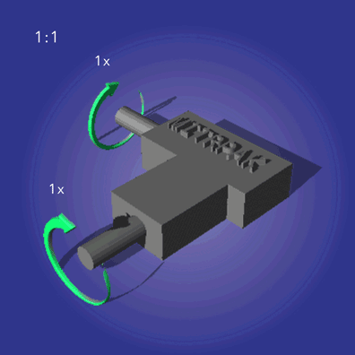 MITRPAK two-way right angle gearbox with 1:1 ratio and C1 rotation on blue background.