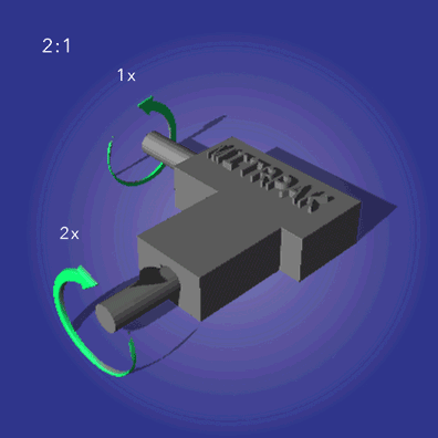 MITRPAK two-way right angle gearbox with 2:1 ratio and C2 rotation on blue background.