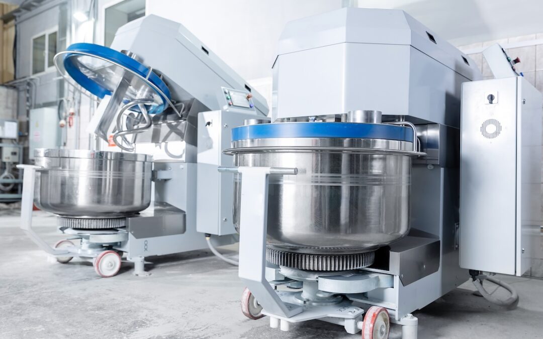Industrial dough mixing machines powered by fully sealed, food grade lubricated right angle gears.